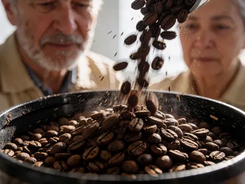 Détail de café moulu contenu dans un moulinet traditionnel, entouré de grains de café tombant en mouvement sur un fond où des personnes observent attentivement.