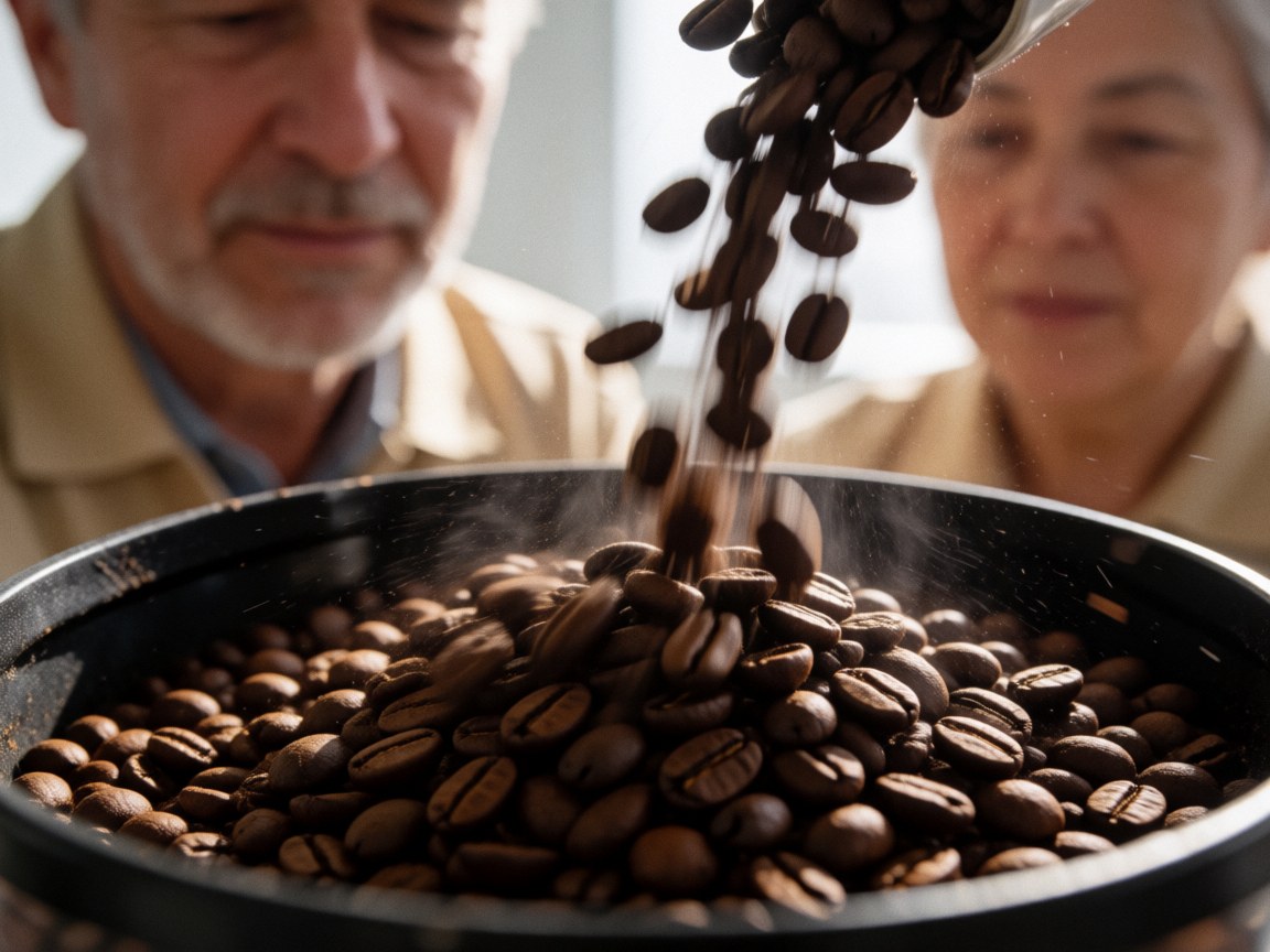 Détail de café moulu contenu dans un moulinet traditionnel, entouré de grains de café tombant en mouvement sur un fond où des personnes observent attentivement.
