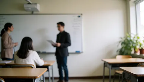Vue d'une salle de classe de langues avec enseignants et élèves, tableau, tables et fenêtres, fond flou pour texte.