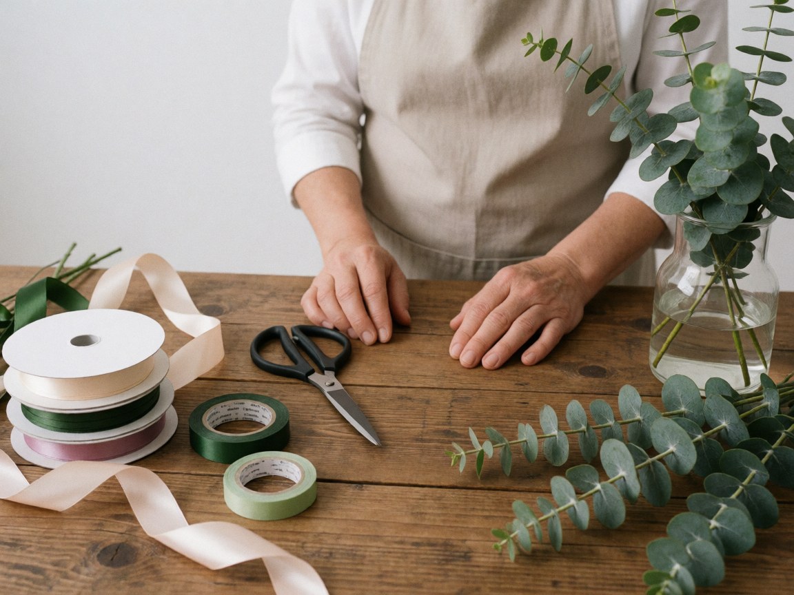 Des mains manipulant des branches d'eucalyptus, du ruban et des ciseaux sur une table en bois.