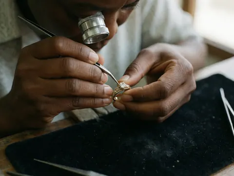 Mains d'un artisan bijou utilisant des pinces et une loupe pour ajuster délicatement une bague sur un fond sombre, illustrant le travail de détail en joaillerie.