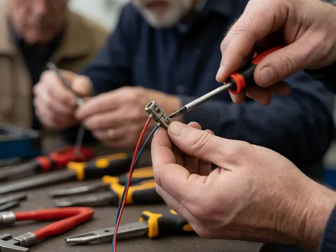 Des mains manipulant des câbles rouges et bleus avec des outils électriques dans un atelier de réparation.