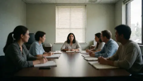 Une avocate mène une réunion professionnelle avec plusieurs employés assis autour d'une table en bois dans un bureau moderne.