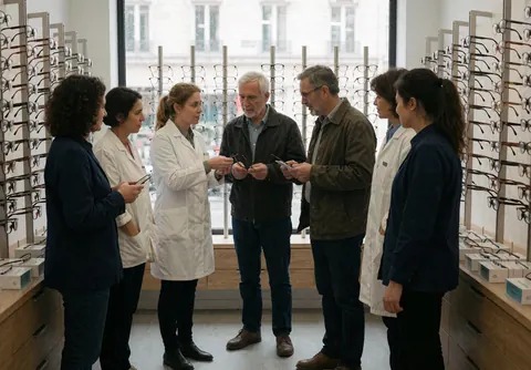 Des clients et des opticiens sélectionnent des lunettes et discutent des options de correction visuelle disponibles.