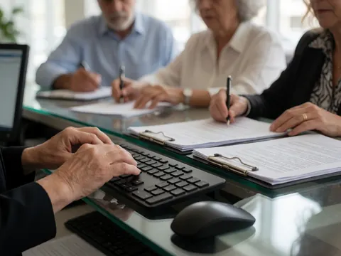 Une main adulte tape sur un clavier d'ordinateur dans un bureau d'accueil, avec des documents et d'autres personnes en arrière-plan.