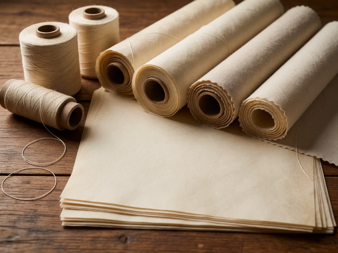 Des rouleaux de papier kraft et des bobines de fil de coton posés sur une table en bois rustique, évoquant l'artisanat et la création manuelle.