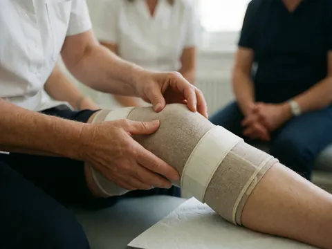 Mains professionnelles ajustant une genouillère sur la jambe d'un patient dans un cabinet de soins.