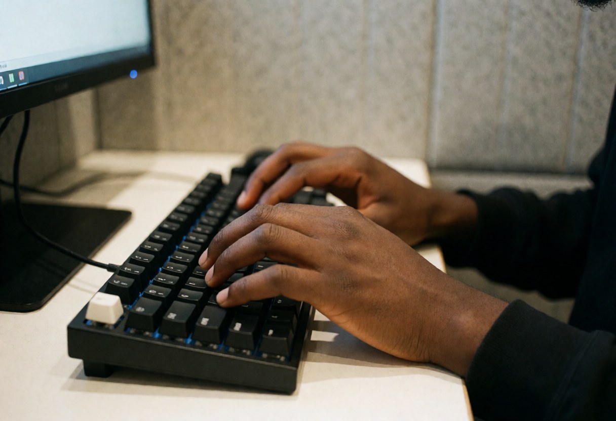 Mains d'une personne tapant sur un clavier noir éclairé par une lumière bleue, devant un ordinateur sur une table blanche.