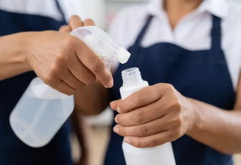 Un individu portant un tablier bleu verse du liquide nettoyant d'un flacon transparent vers un contenant blanc, illustrant la préparation des produits d'entretien.