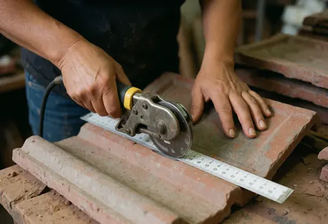 Une femme utilise un outil électrique pour couper une tuile rouge posée sur une règle blanche dans un atelier de construction.