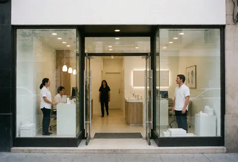 Vue extérieure d'une clinique dentaire contemporaine avec réception, personnel accueillant et client entrant.