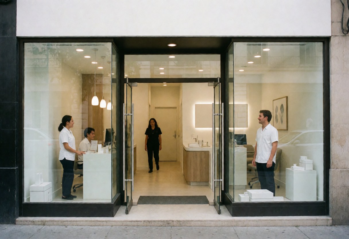 Vue extérieure d'une clinique dentaire contemporaine avec réception, personnel accueillant et client entrant.