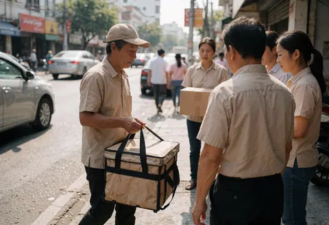 Un livreur avec un sac isotherme remet de la nourriture à des clients sur le trottoir d'une rue animée.