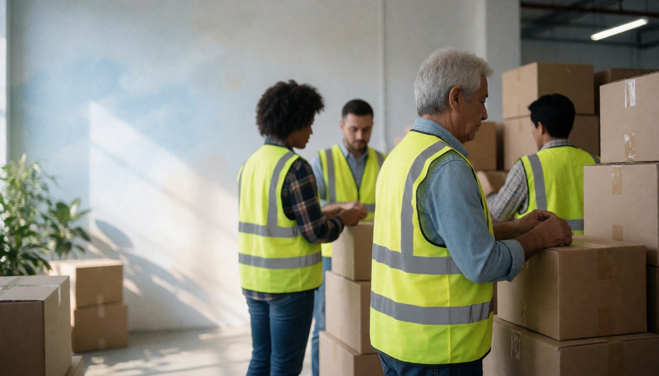 Quatre employés en gilets de sécurité rangent et empilent des cartons dans un entrepôt logistique.