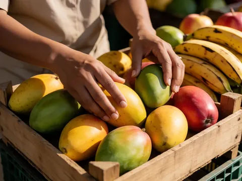 Des mains choisissant soigneusement des mangues, des bananes et des pommes disposées dans une caisse en bois au sein d'un minimarket.