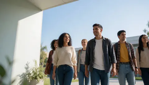 Des étudiants jeunes marchent ensemble sur le campus sous un ciel bleu ensoleillé, vêtus de vêtements décontractés.