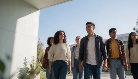 Des étudiants jeunes marchent ensemble sur le campus sous un ciel bleu ensoleillé, vêtus de vêtements décontractés.