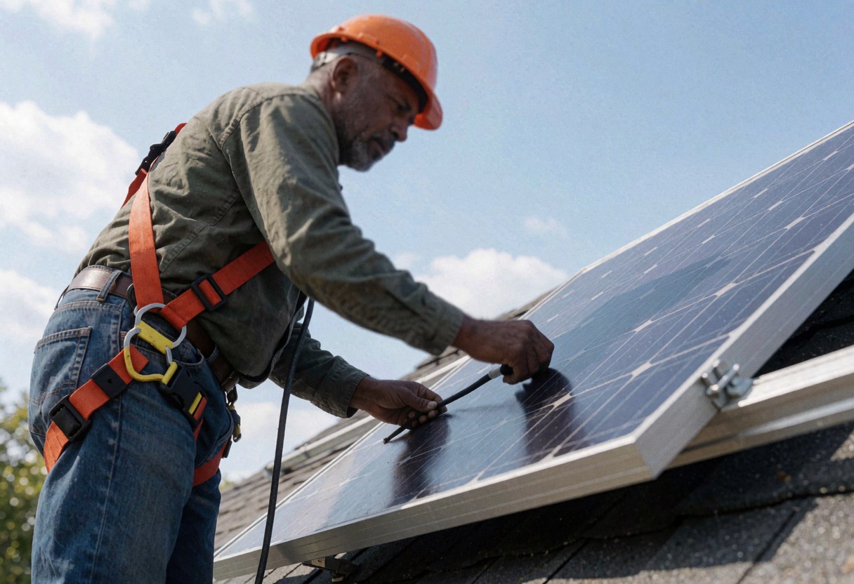 Un homme installe un panneau solaire sur le toit d'une maison sous un ciel bleu clair.