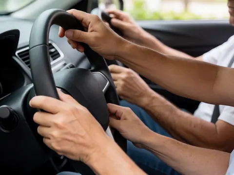 Deux personnes avec les mains sur le volant d'une automobile, l'une conduisant et l'autre lui enseignant la technique.