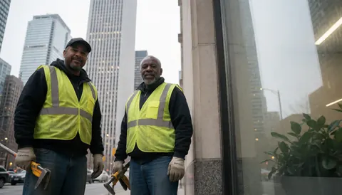 Deux ouvriers portant des gants et des gilets jaunes quittent un chantier urbain.