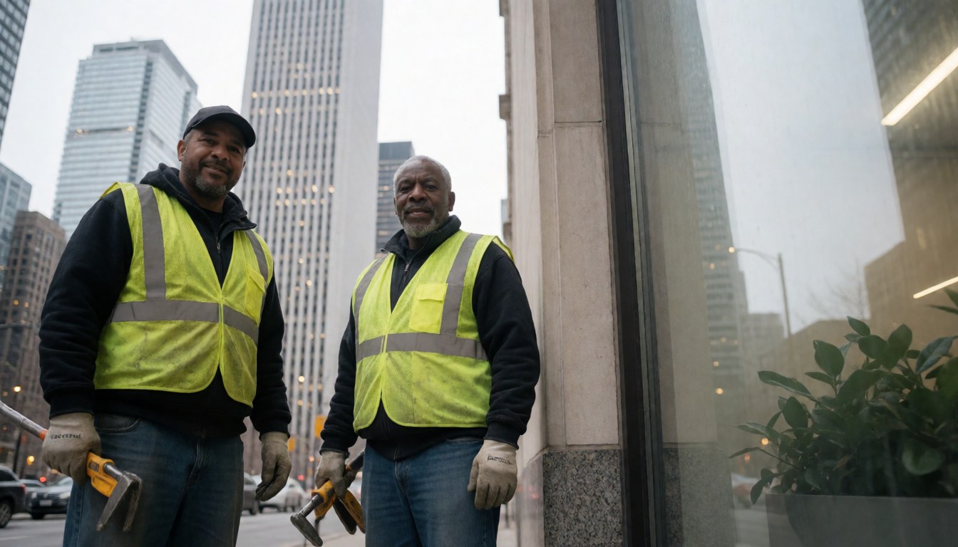 Deux ouvriers portant des gants et des gilets jaunes quittent un chantier urbain.