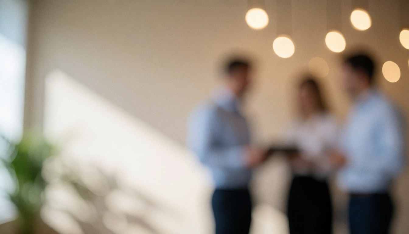 Trois adultes discutant dans un espace de travail contemporain baigné d'une lumière douce et chaleureuse émanant de suspensions modernes.