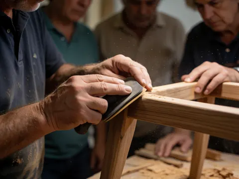 Gros plan sur des mains qui polissent une pièce de bois dans un atelier, avec de la poussière flottant autour et d'autres personnes observant le travail artisanal.
