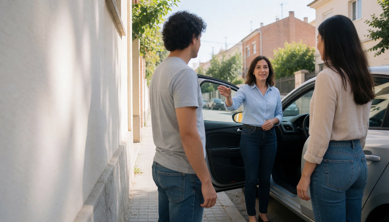 Instructrice d'auto-école expliquant à deux étudiants près d'une voiture dans une rue résidentielle.