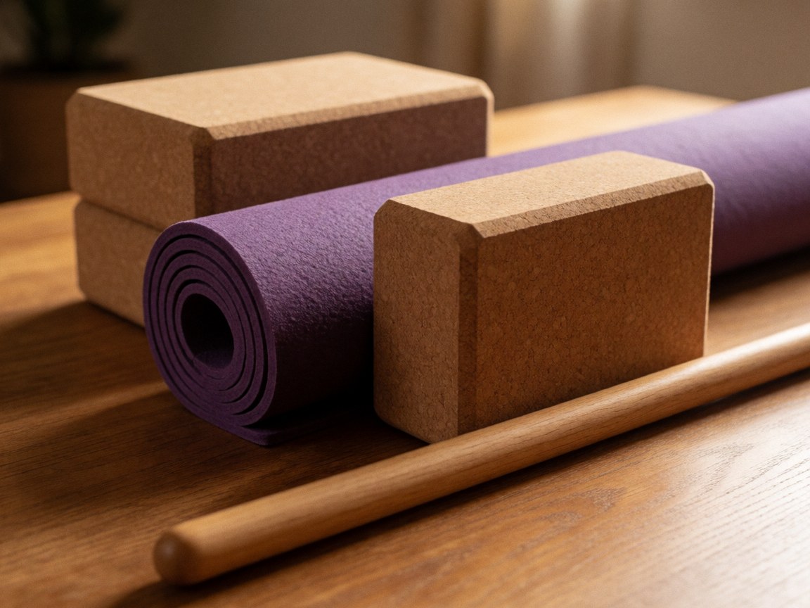 Des blocs de yoga en liège, un tapis violet roulé et un bâton en bois disposés sur une table en bois avec une lumière chaude.