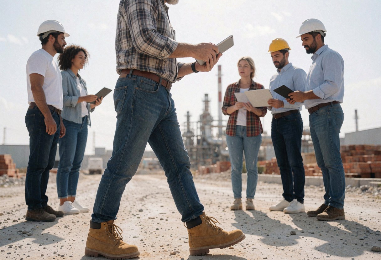 Groupe de travailleurs sur un chantier industriel, certains tenant des tablettes, d'autres des documents, tous casqués sous un soleil éclatant.