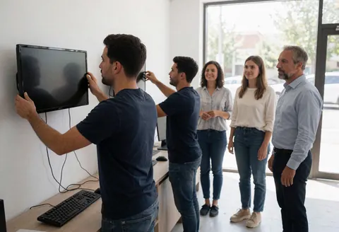 Deux techniciens fixent des moniteurs au mur d'un bureau pendant qu'un dirigeant observe avec satisfaction dans un environnement professionnel et lumineux.