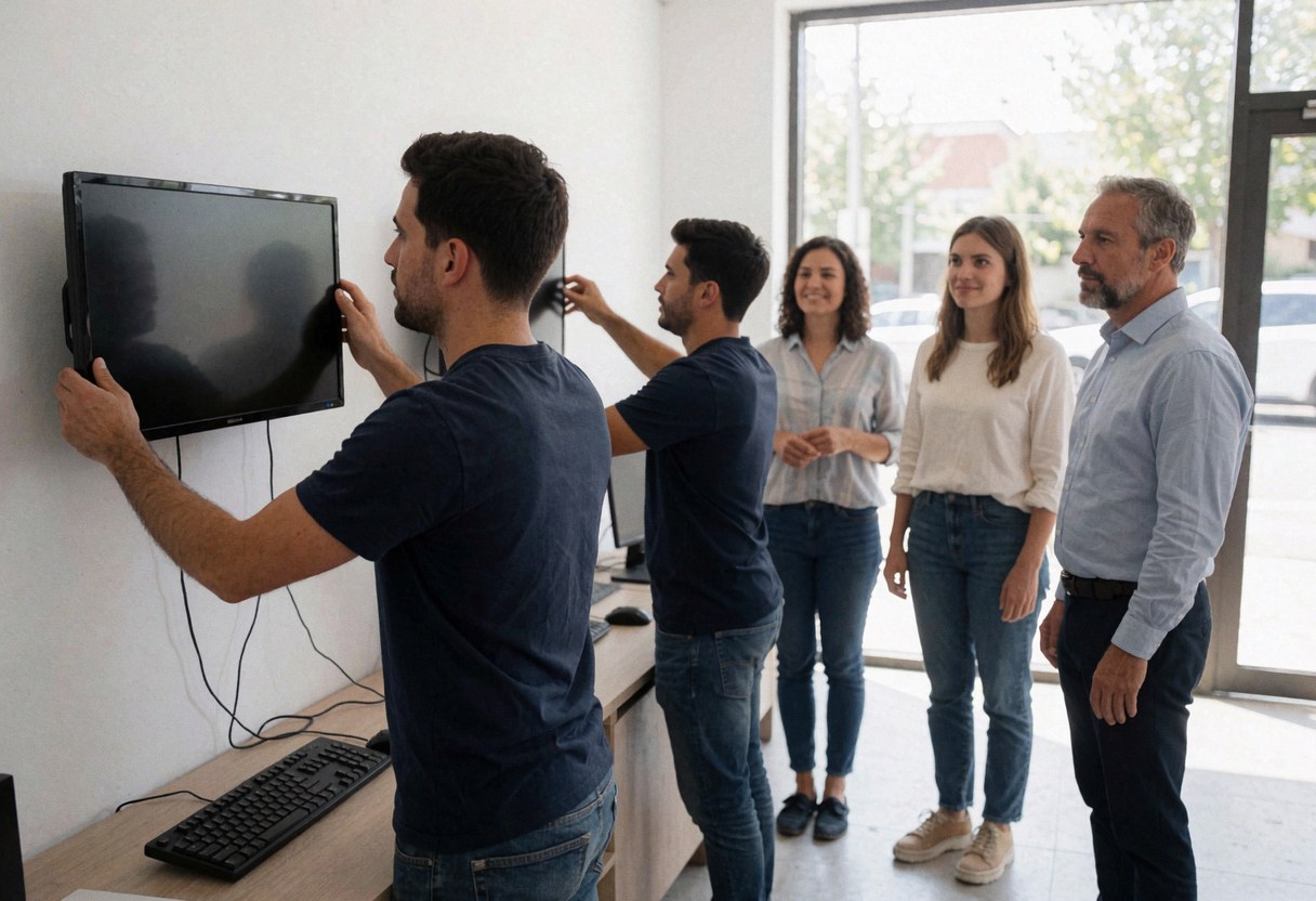 Deux techniciens fixent des moniteurs au mur d'un bureau pendant qu'un dirigeant observe avec satisfaction dans un environnement professionnel et lumineux.