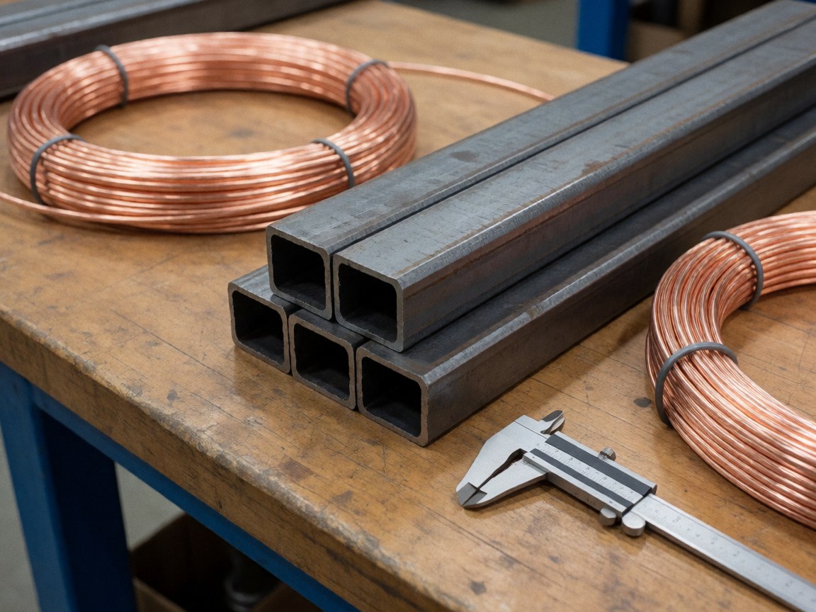 Câbles en cuivre, profilés en acier et pied à coulisse sur un établi industriel. Scène de fabrication ordonnée et professionnelle.