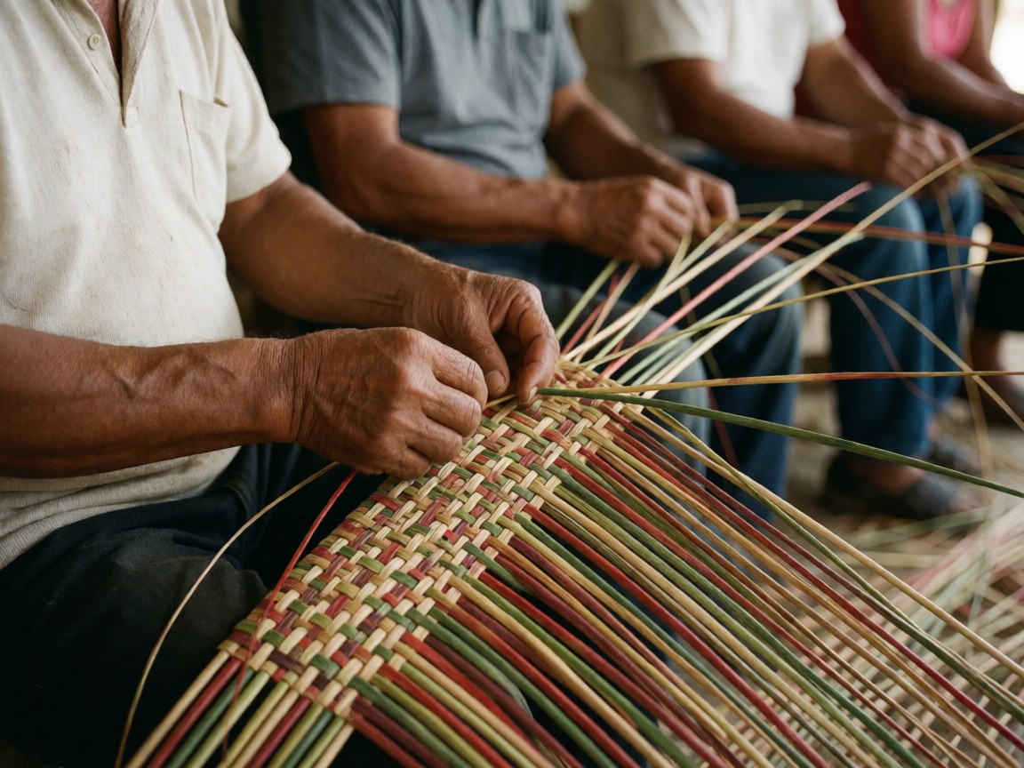 Gros plan sur des mains d'artisan travaillant avec des tiges de couleur dans un atelier, illustrant le savoir-faire manuel traditionnel.