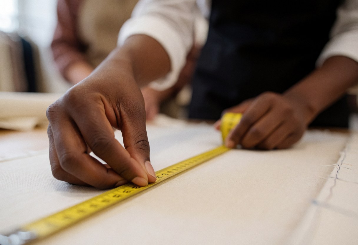 Une main utilise un mètre ruban jaune pour mesurer un tissu blanc dans un atelier de couture, avec un arrière-plan flou.