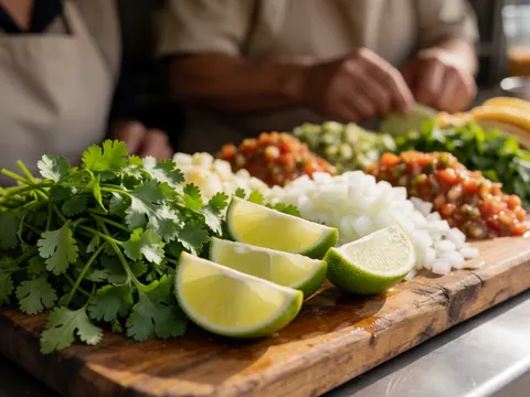 Cilantro, citrons verts, oignon et sauces disposés sur une planche en bois, prêts à garnir des tacos dans un contexte de food truck