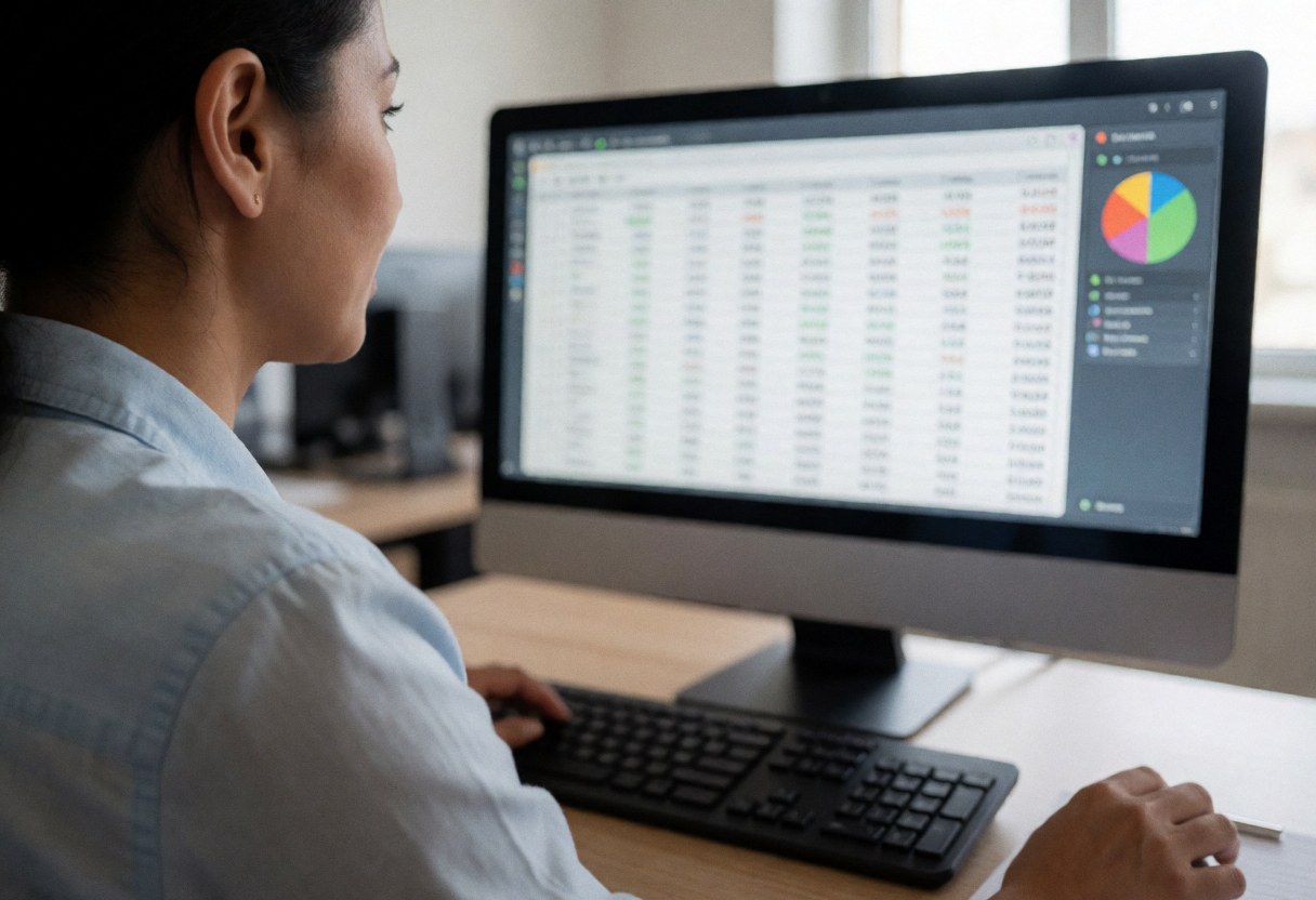 Une femme d'affaires analyse des données financières sur un écran d'ordinateur affichant des graphiques et des tableaux dans un bureau professionnel.