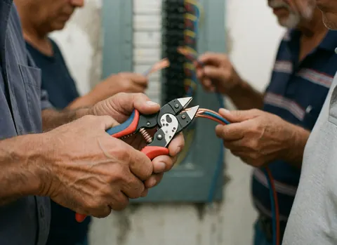 Électricien senior utilisant des pinces pour couper des câbles de cuivre avec un panneau électrique en arrière-plan