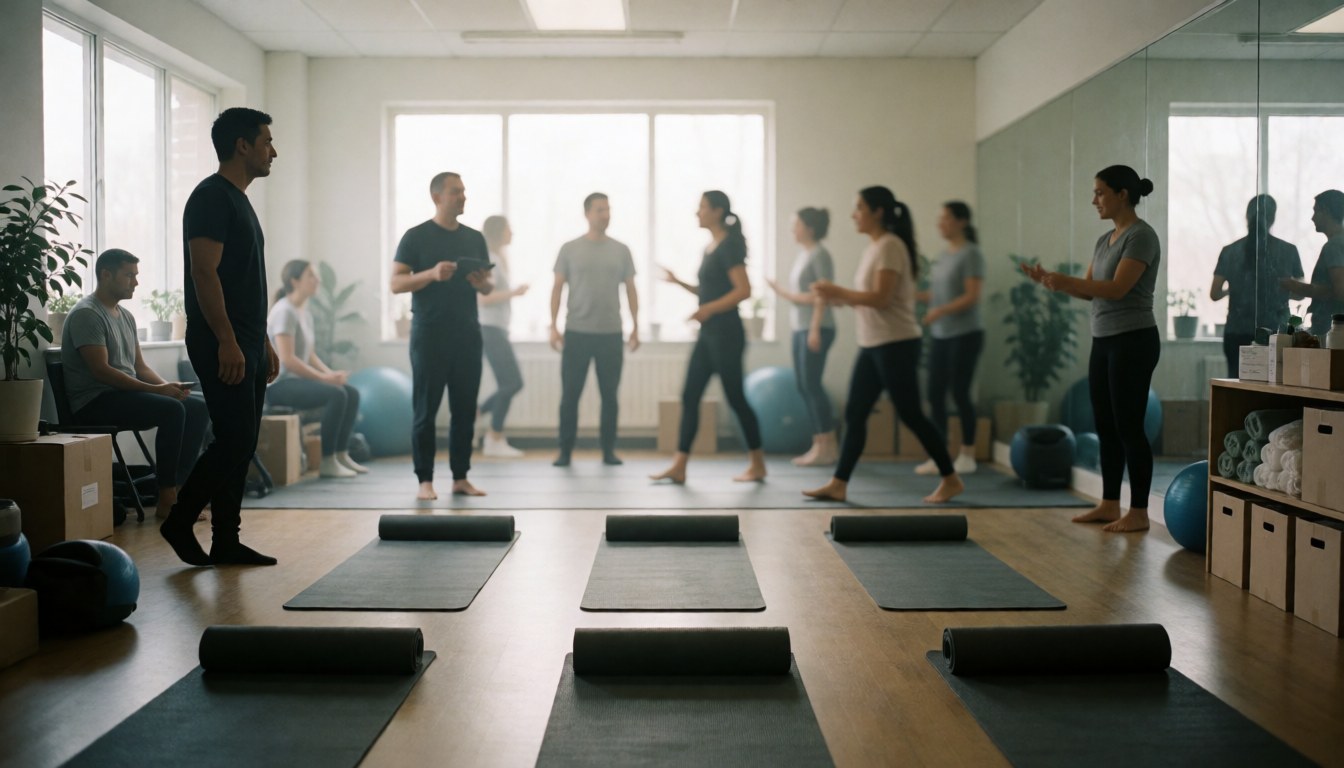 Intérieur d'un studio de yoga montrant des individus en pleine activité physique, entourés de tapis roulés, de murs miroirs et de grandes fenêtres apportant une lumière naturelle.