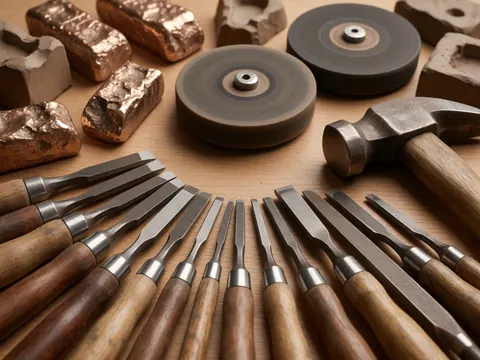 Gros plan d'outils de sculpture en bois et bronze disposés sur un établi de travail, incluant des marteaux et des disques de polissage sous un éclairage professionnel.