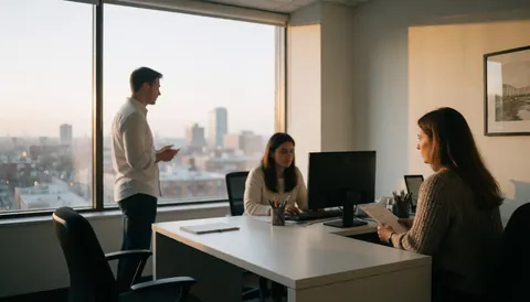 Trois personnes travaillent dans un bureau immobilier chaleureux : l'une regarde par la fenêtre, une autre utilise un ordinateur et la troisième examine des documents.