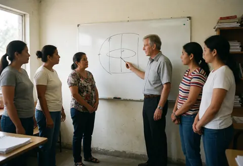 Un professeur explique un diagramme à plusieurs étudiantes lors d'un cours universitaire en présence de lumière naturelle.