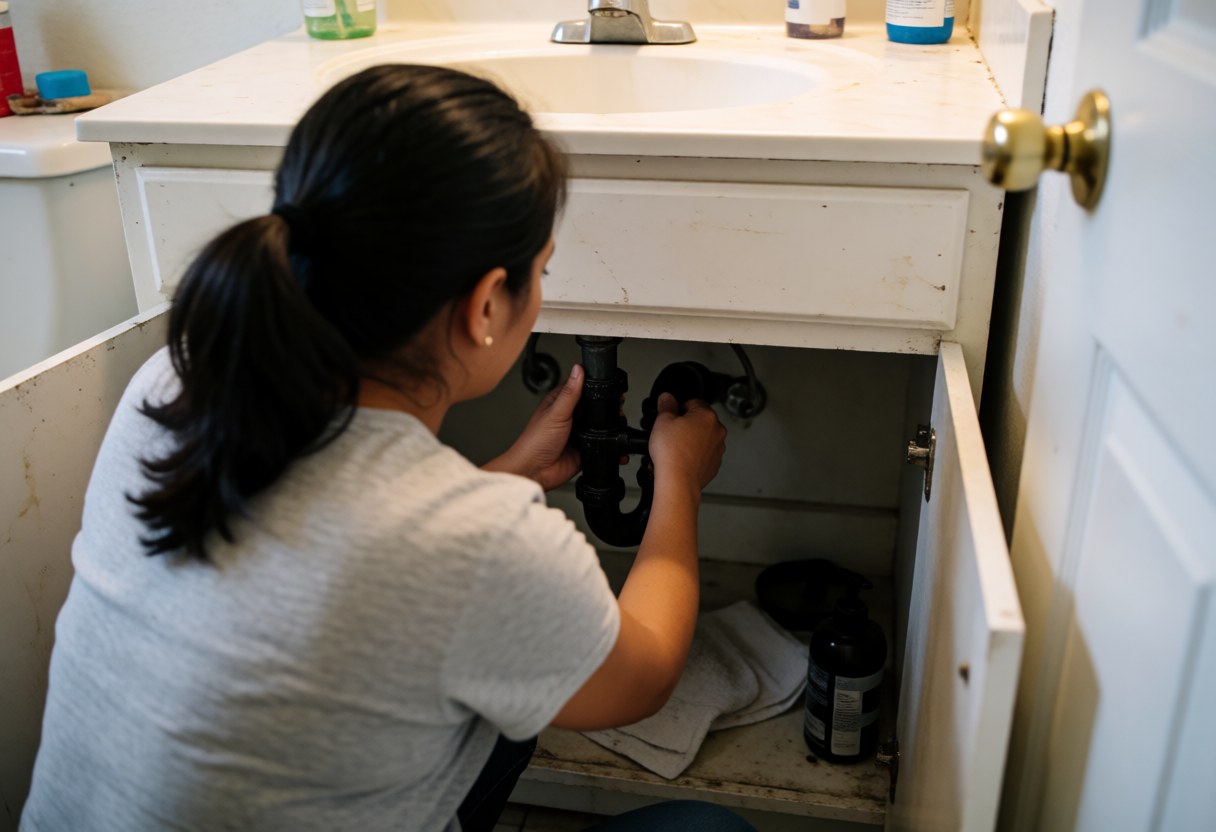 Une femme répare des tuyaux sous un lavabo dans une salle de bain avec des outils et une lumière naturelle.