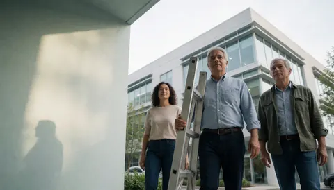Trois techniciens marchant devant un bâtiment moderne, l'un portant une échelle métallique.