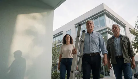 Trois techniciens marchant devant un bâtiment moderne, l'un portant une échelle métallique.