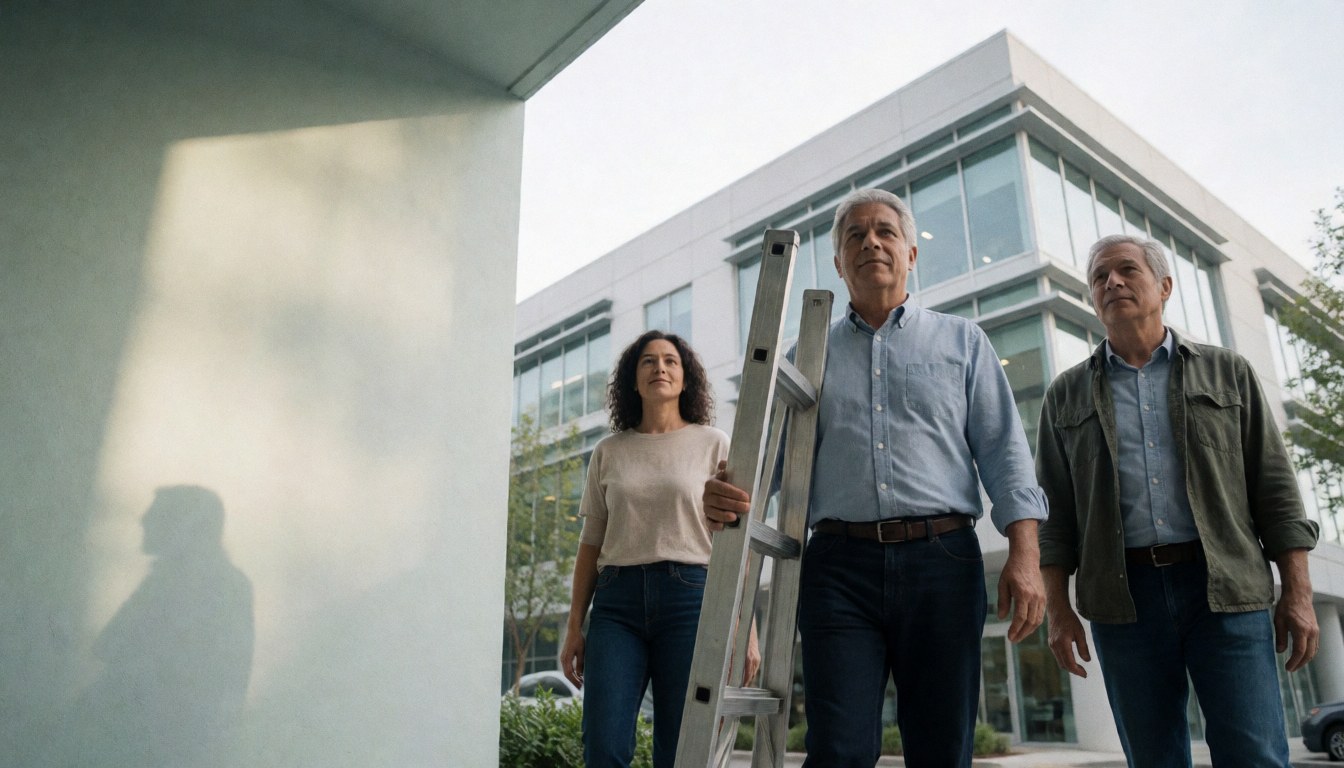 Trois techniciens marchant devant un bâtiment moderne, l'un portant une échelle métallique.
