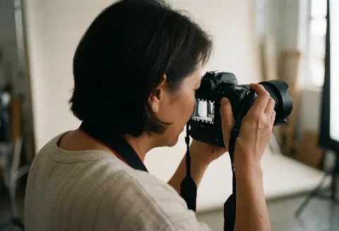 Une photographe professionnelle ajuste les paramètres de son appareil numérique dans un studio avant de prendre une photo.