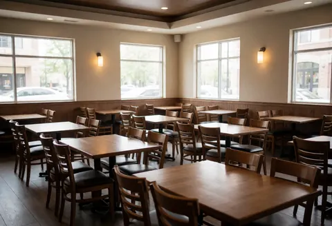 Intérieur d'un restaurant vide avec des tables et des chaises en bois, éclairé par la lumière naturelle des fenêtres, ambiance calme et propre.
