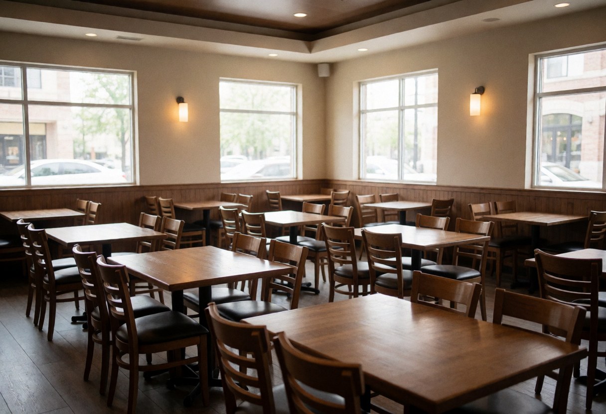 Intérieur d'un restaurant vide avec des tables et des chaises en bois, éclairé par la lumière naturelle des fenêtres, ambiance calme et propre.
