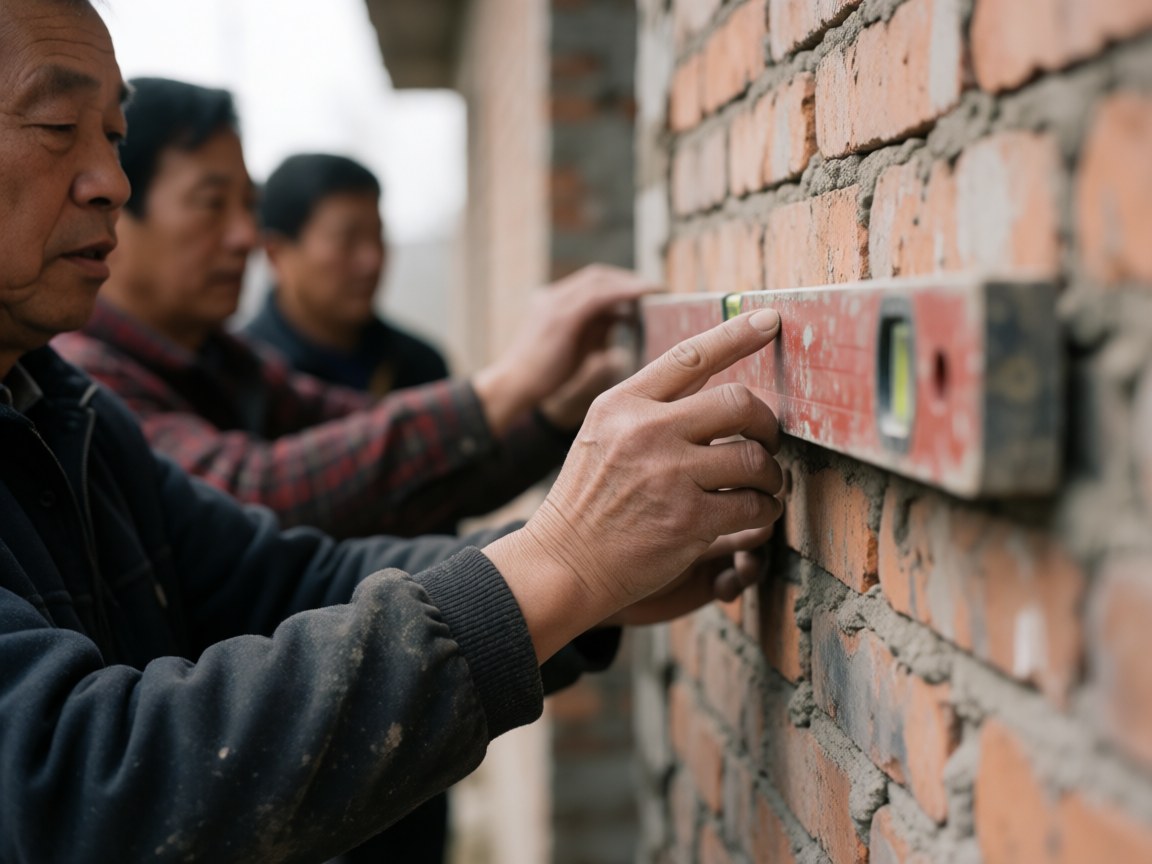 Travailleurs de la construction mesurant un mur de briques avec un niveau, focus sur les mains et l'outil, fond flou.